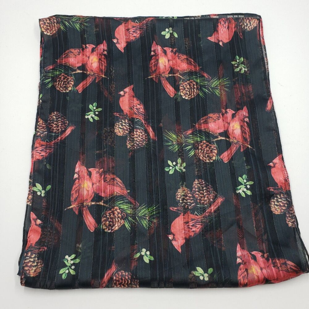 Cardinal Holiday Sheer Scarf 60x13 Black Red Bird Pinecone Winter Christmas VTG